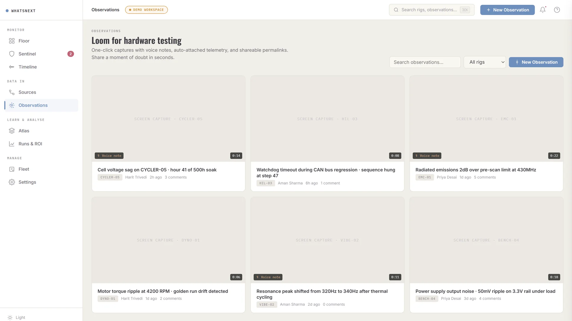 The Observations view: a grid of captured moments, each with a voice note, the rig it came from, and a comment thread.