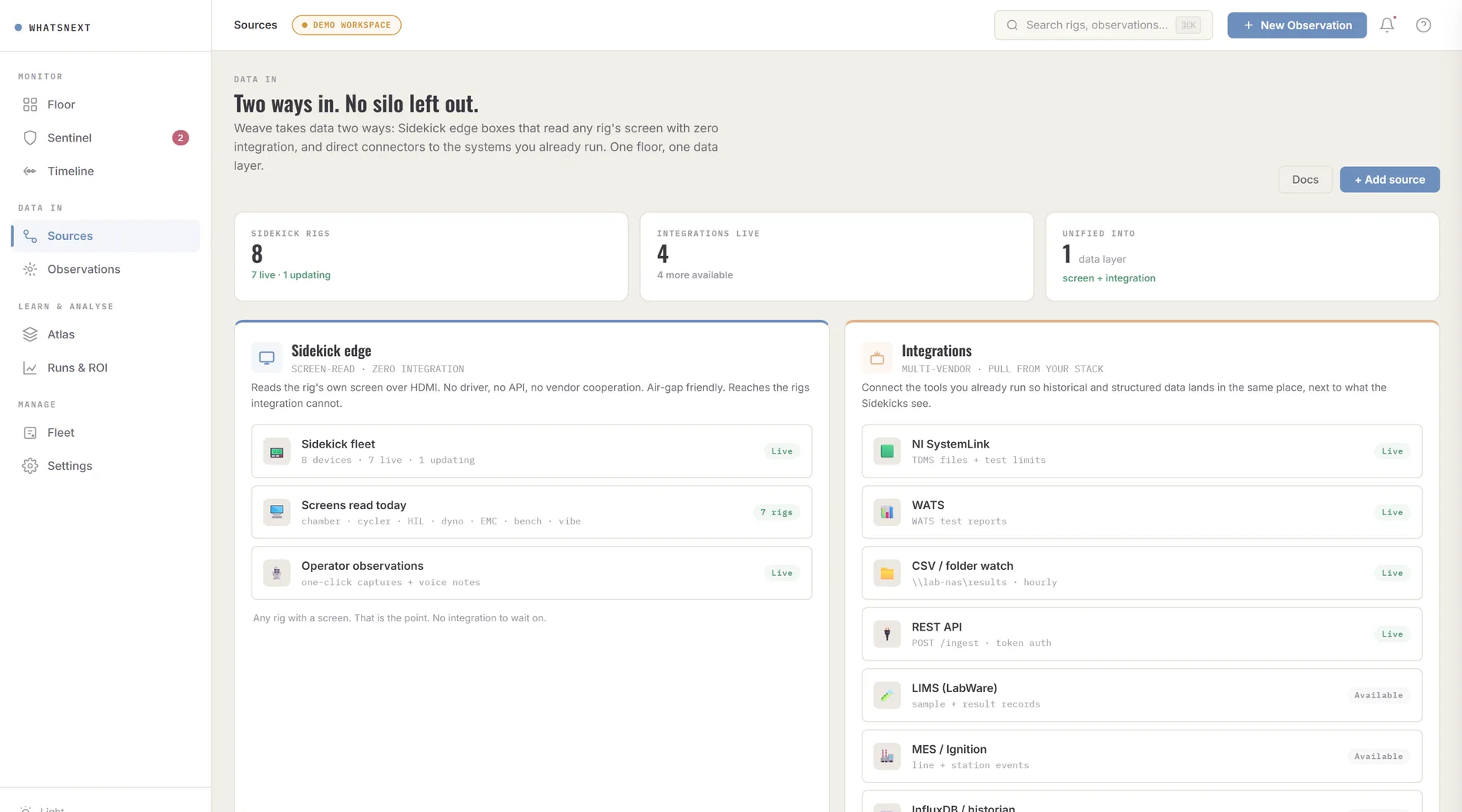 The Sources view, showing Sidekick edge boxes on one side and multi-vendor integrations on the other, unified into one data layer.